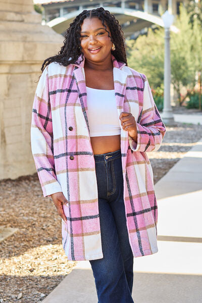 Plus Size, Double Take, Plaid Button Up Lapel Collar Coat In Carnation Pink
