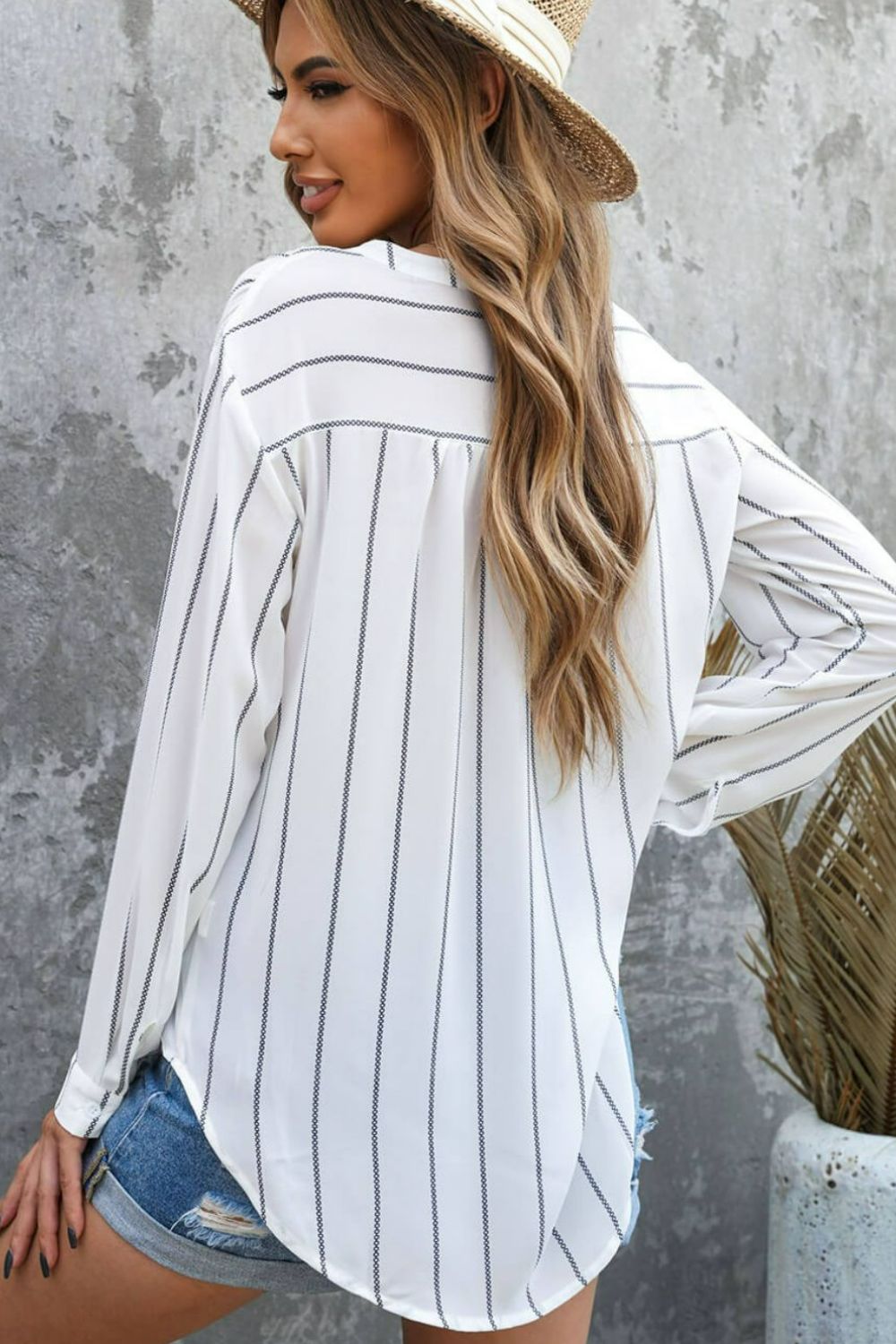 Back View, Striped V-Neck High-Low Shirt with Breast Pocket In White