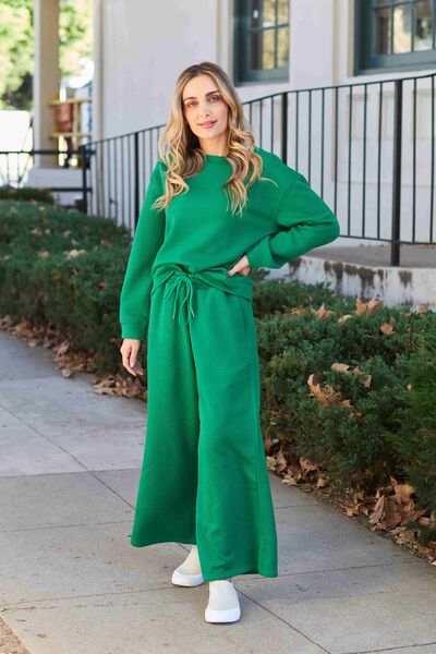 Double Take, Textured Long Sleeve Top and Drawstring Pants Set In Mid Green