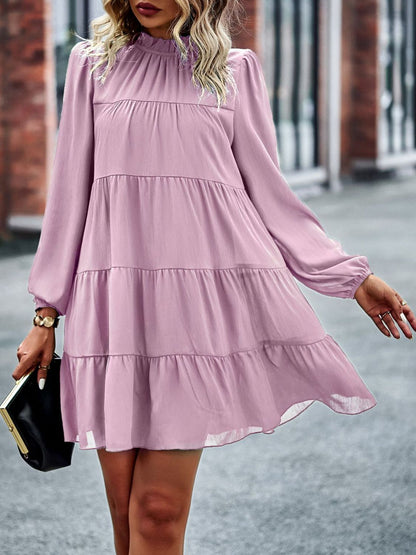 Frill Neck Puff Sleeve Tiered Dress In Pink