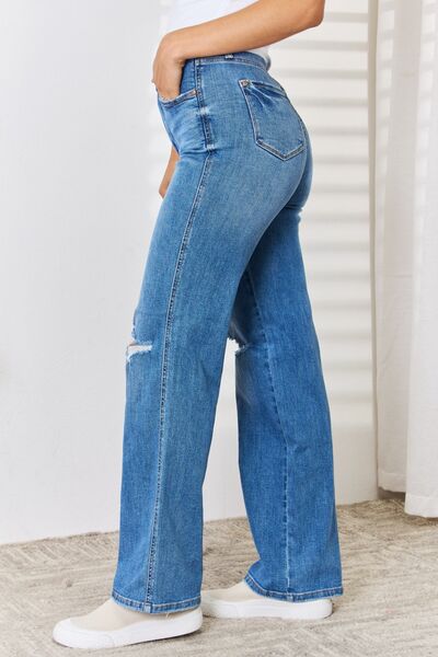 Side VIew, Judy Blue, High Waist Tummy Control Distressed Straight Jeans Style 88785