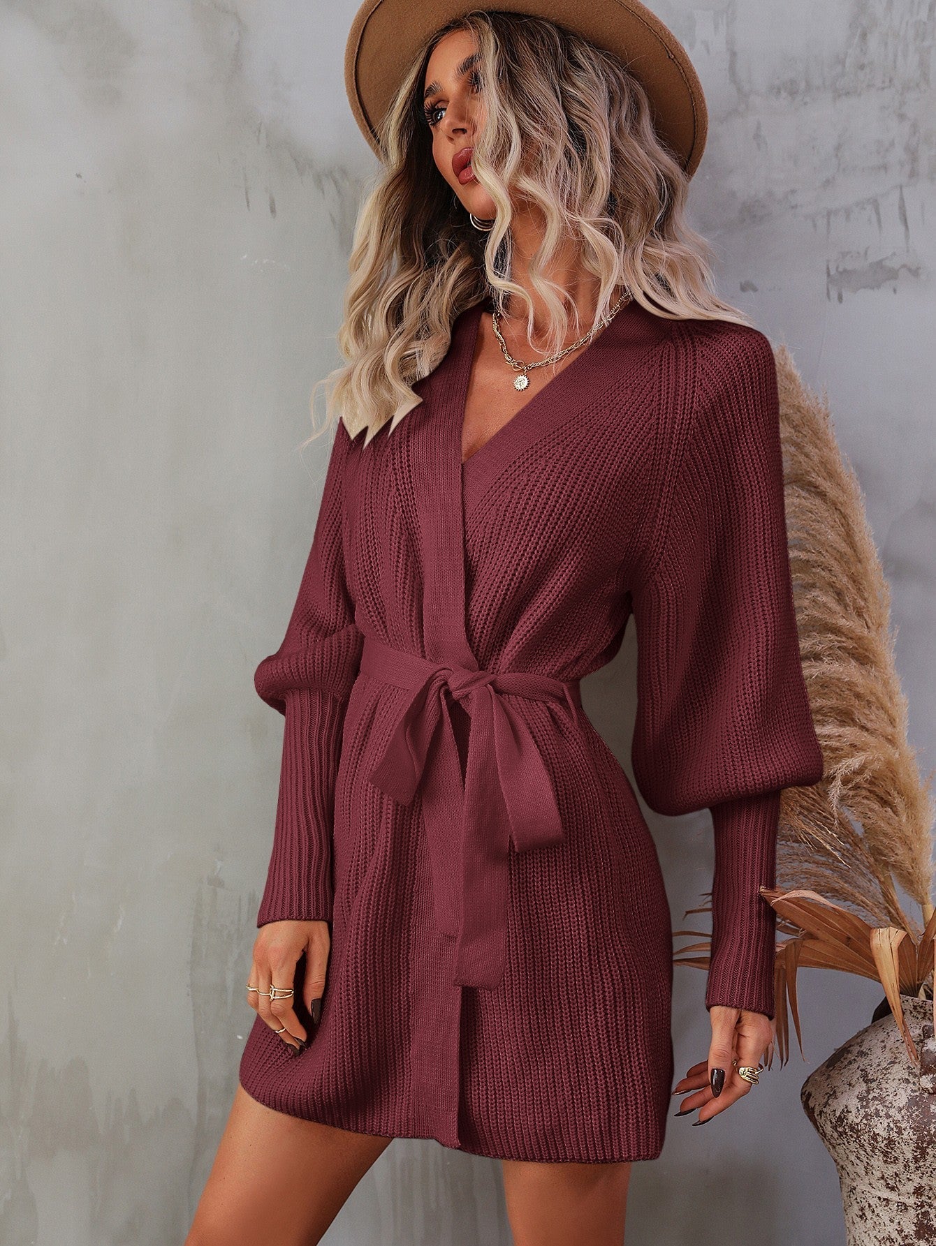 Belted Surplice Lantern Sleeve Wrap Sweater Dress In Wine Color