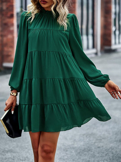 Frill Neck Puff Sleeve Tiered Dress In Green