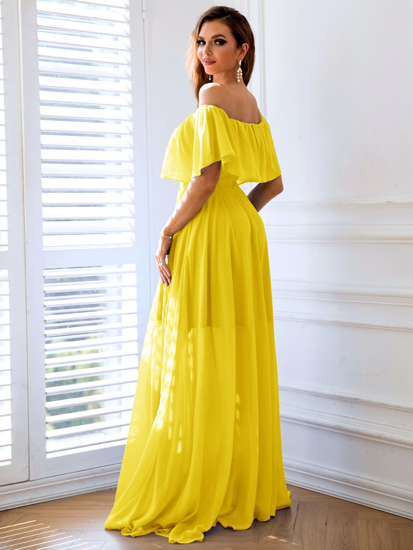 Side View, Off-Shoulder Layered Split Maxi Dress In Yellow