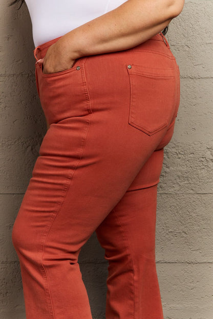 Side View, Close-Up, Plus Size, Judy Blue Mid Rise Slim Bootcut Terracotta Denim Jeans Style 88761