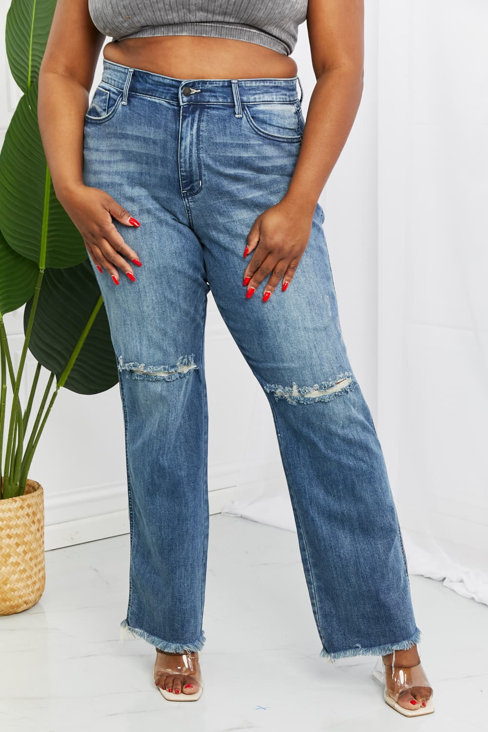 Plus Size, Judy Blue, Hi-Waisted Straight Leg w/Destroy Knee Jeans Style 82498