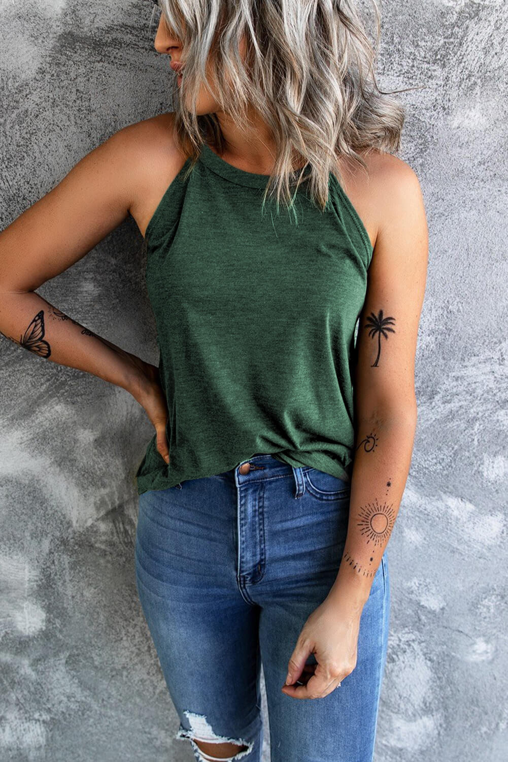 Curved Hem Grecian Tank Top In Green