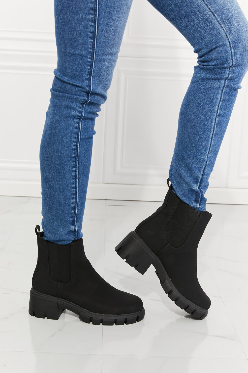 Side VIew, MM Shoes, Work For It Matte Lug Sole Chelsea Boots in Black