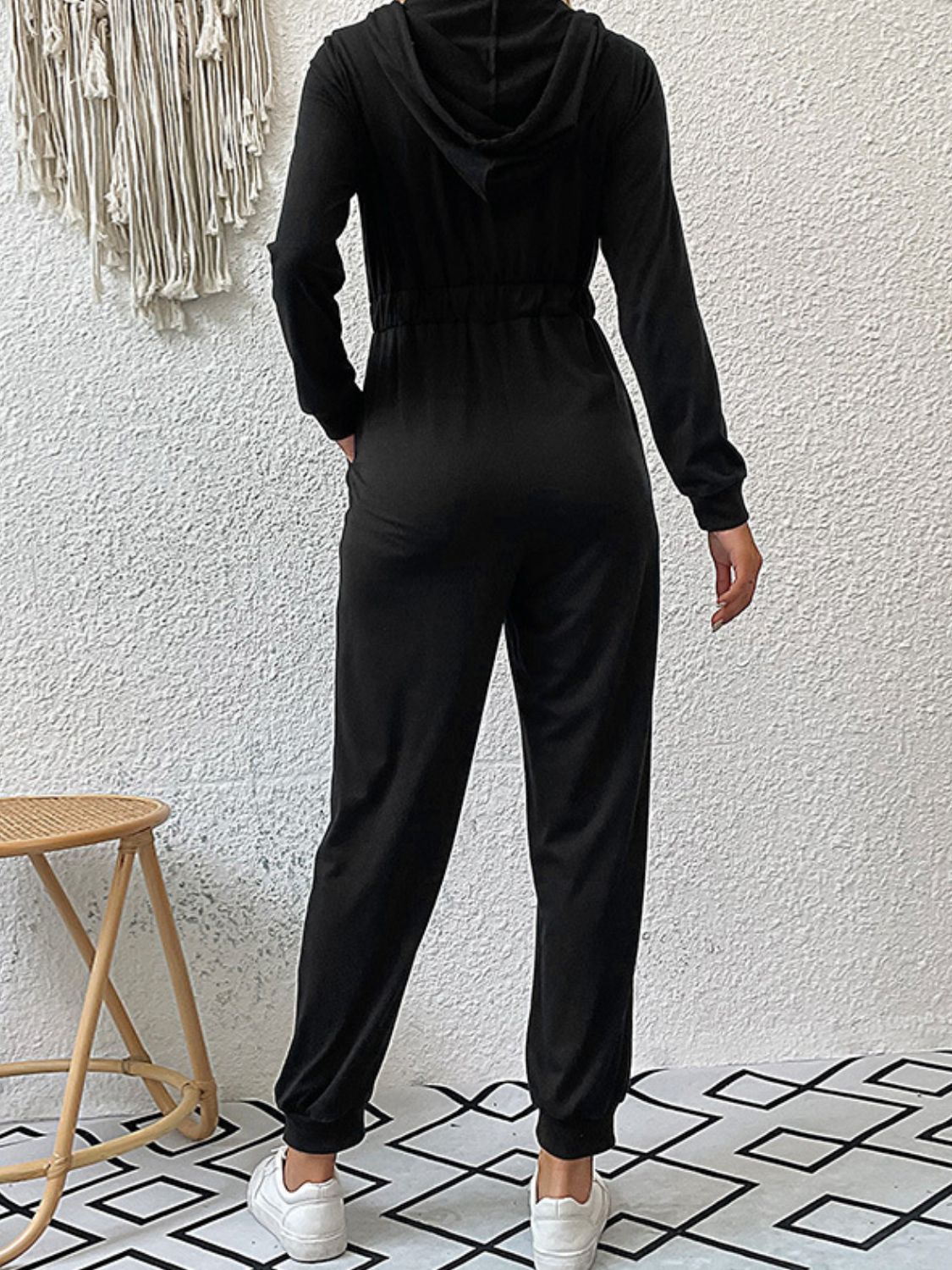 Back View, Zip Up Elastic Waist Hooded Jogger Jumpsuit In Black