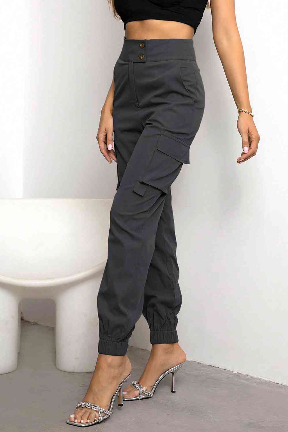Side VIew, High Waist Cargo Pants In Charcoal