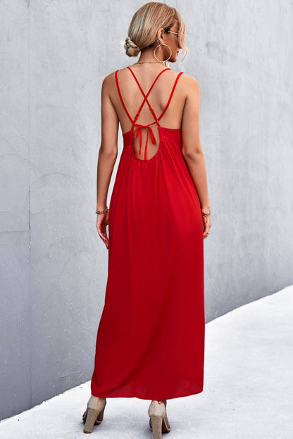 Back View, Red Double-Strap Crisscross Maxi Dress