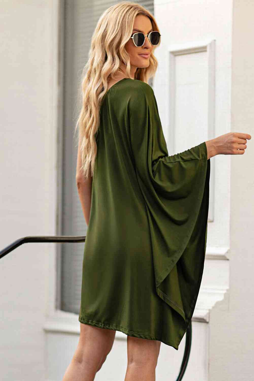 Back View, One Shoulder Statement Dress In Green
