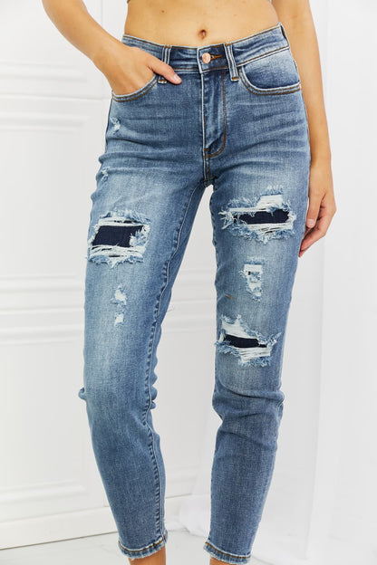 Close-Up, Judy Blue, Mid Rise Navy Blue Patched Destroy Relaxed Jeans