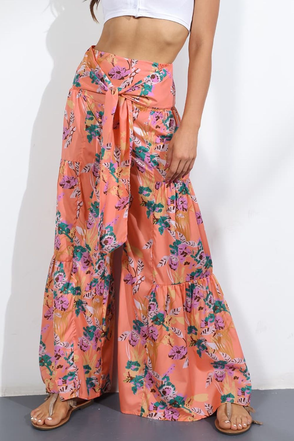 Printed High-Rise Tied Culottes In Coral