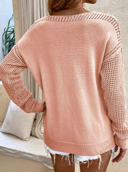 Back View, V-Neck Ribbed Trim Long Sleeve Knit Top In Peach Color
