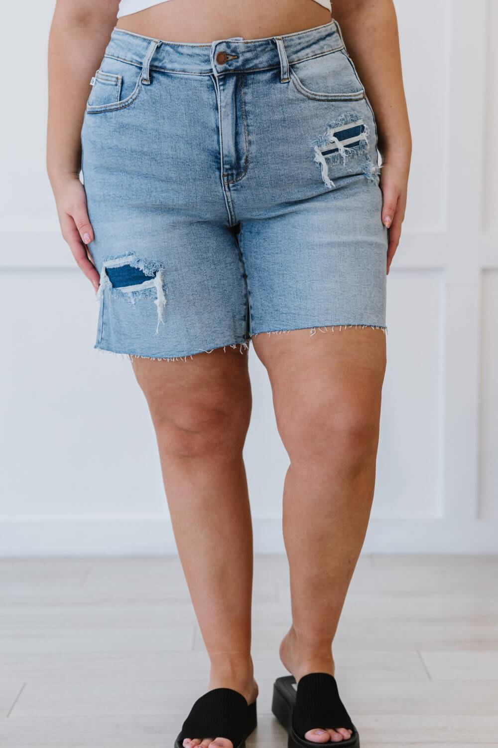 Plus Size, Judy Blue, Acid Wash Denim Patch High Rise Mid Thigh Shorts. Style Number 150094