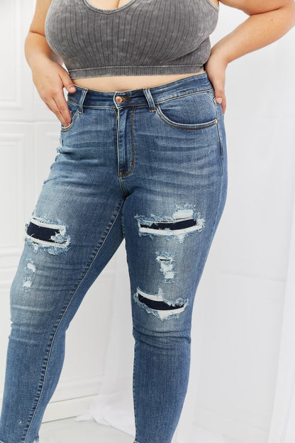 Close-Up, Plus Size, Judy Blue, Mid Rise Navy Blue Patched Destroy Relaxed Jeans
