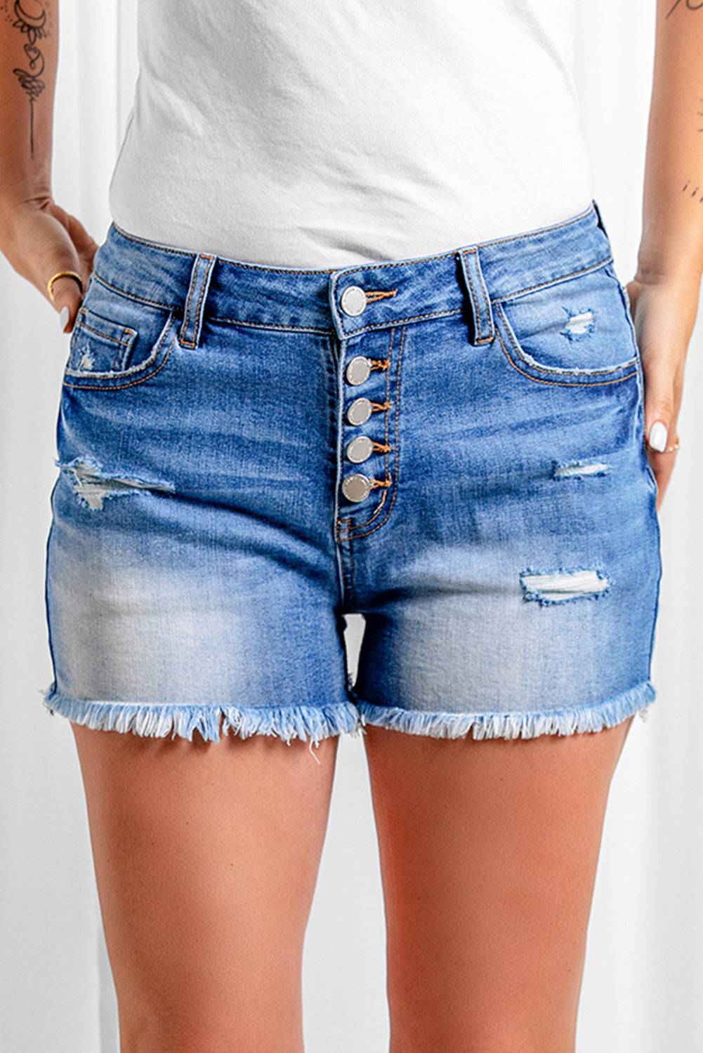 Exposed Button Fly Raw Hem Denim Shorts By THE BRAND Shopping 