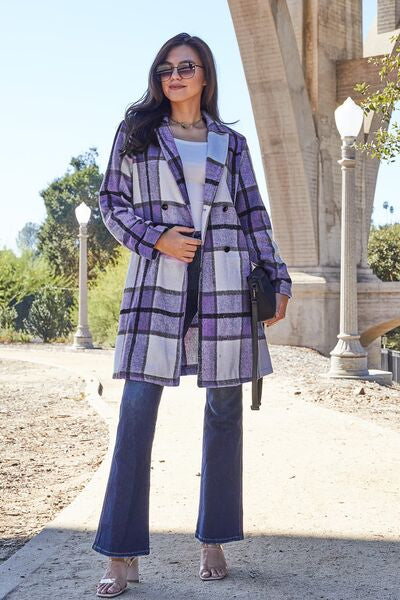 Double Take, Plaid Button Up Lapel Collar Coat In Violet