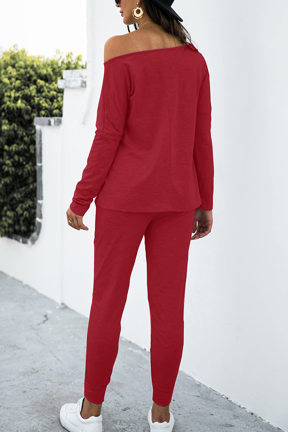 Back View, Long Sleeve Shirt and Pants Set In Brick Red