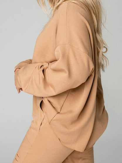 Side View, Close-Up, Distressed Sweatshirt and Joggers Set In Tan