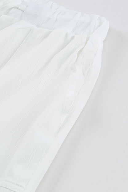 Closeup,White, Drawstring Waist Crinkled Wide Leg Pants