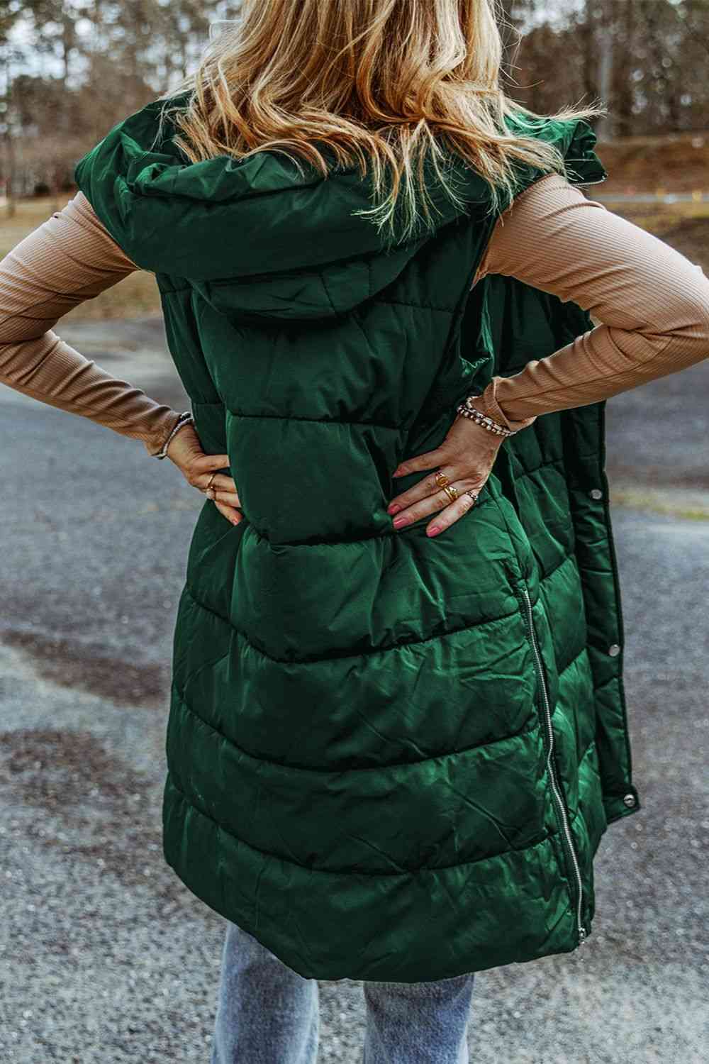 Back View, Longline Hooded Sleeveless Puffer Vest In Green