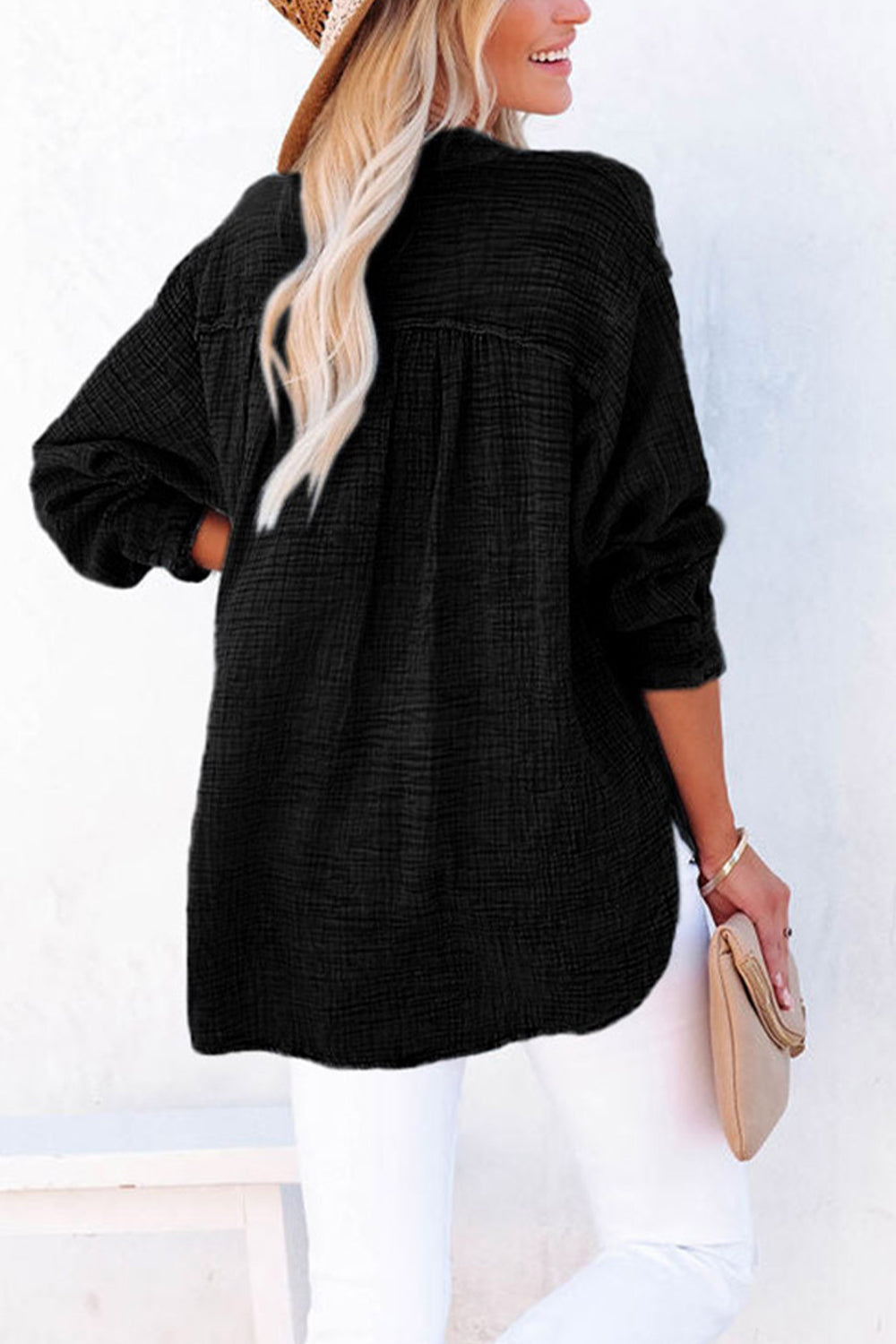 Back View, Buttoned Long Sleeve Blouse In Black