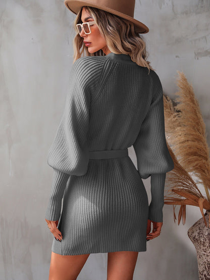 Back View, Belted Surplice Lantern Sleeve Wrap Sweater Dress In Gray