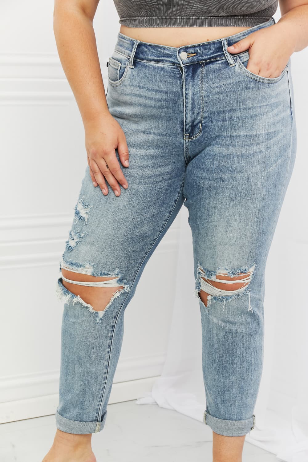 Plus Size, Judy Blue, Mid-Rise Ripped Double Cuff Boyfriend Jeans, 82458
