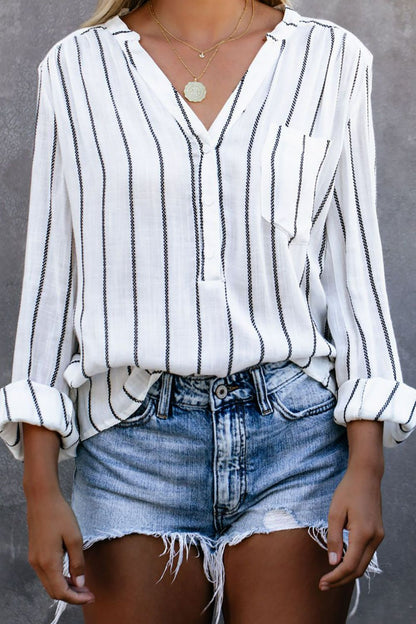 Striped V-Neck High-Low Shirt with Breast Pocket In White