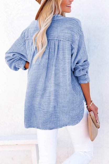 Back View, Buttoned Long Sleeve Blouse In Black In Misty Blue