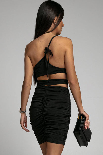 Back View, Sexy Yet Elegant Open-Shoulder Cutout Ruched Black Bodycon Dress