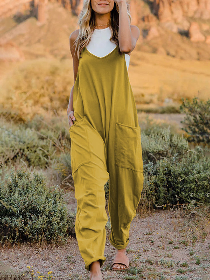 Double Take, Sleeveless V-Neck Pocketed Jumpsuit In Banana Yellow