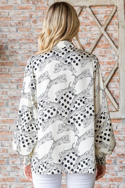 Back View, First Love, Tiger Print Collared Neck Long Sleeve Satin Blouse