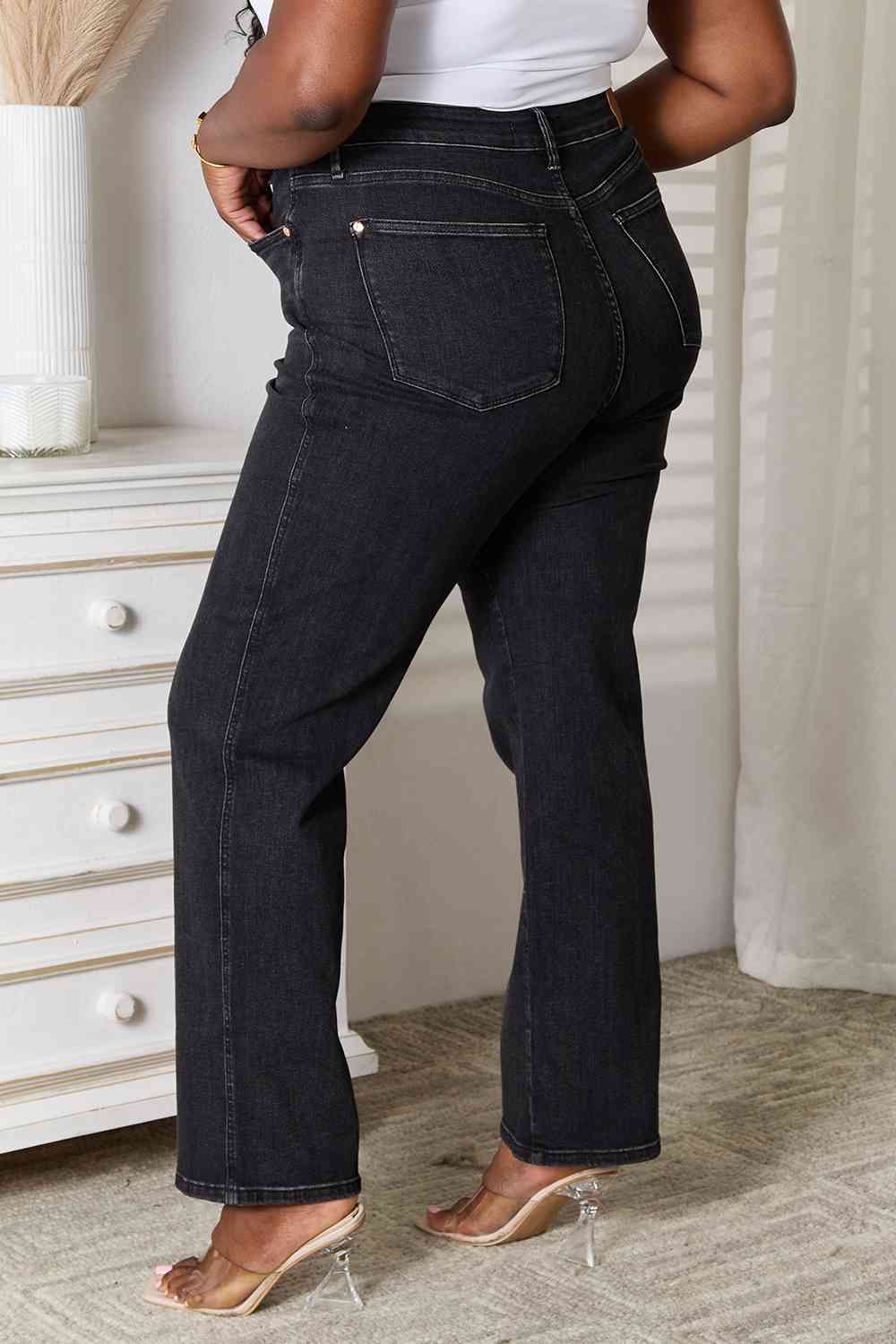 Back View, Plus Size, Judy Blue High Waist Tummy Control Washed Black Straight Style 88677