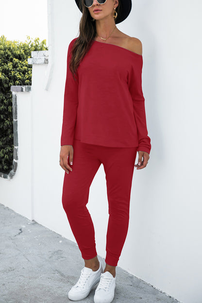 Long Sleeve Shirt and Pants Set In Brick Red