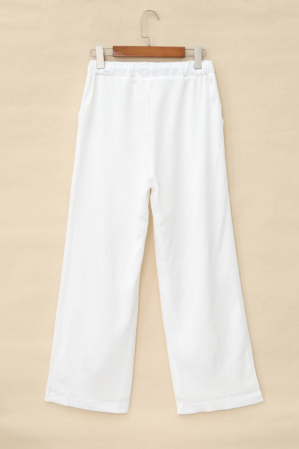 White, Drawstring Waist Crinkled Wide Leg Pants