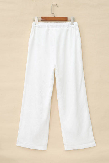 White, Drawstring Waist Crinkled Wide Leg Pants