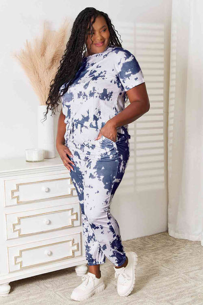 Side View, Plus Size, Double Take, Tie-Dye Tee and Drawstring Waist Joggers Lounge Set