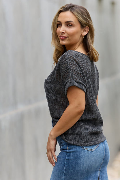 Side VIew, e.Luna, Full Size Chunky Knit Short Sleeve Top in Gray