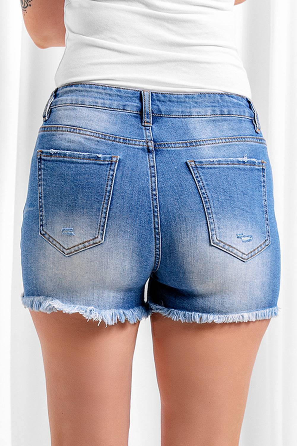 Back View, Exposed Button Fly Raw Hem Denim Shorts By THE BRAND Shopping