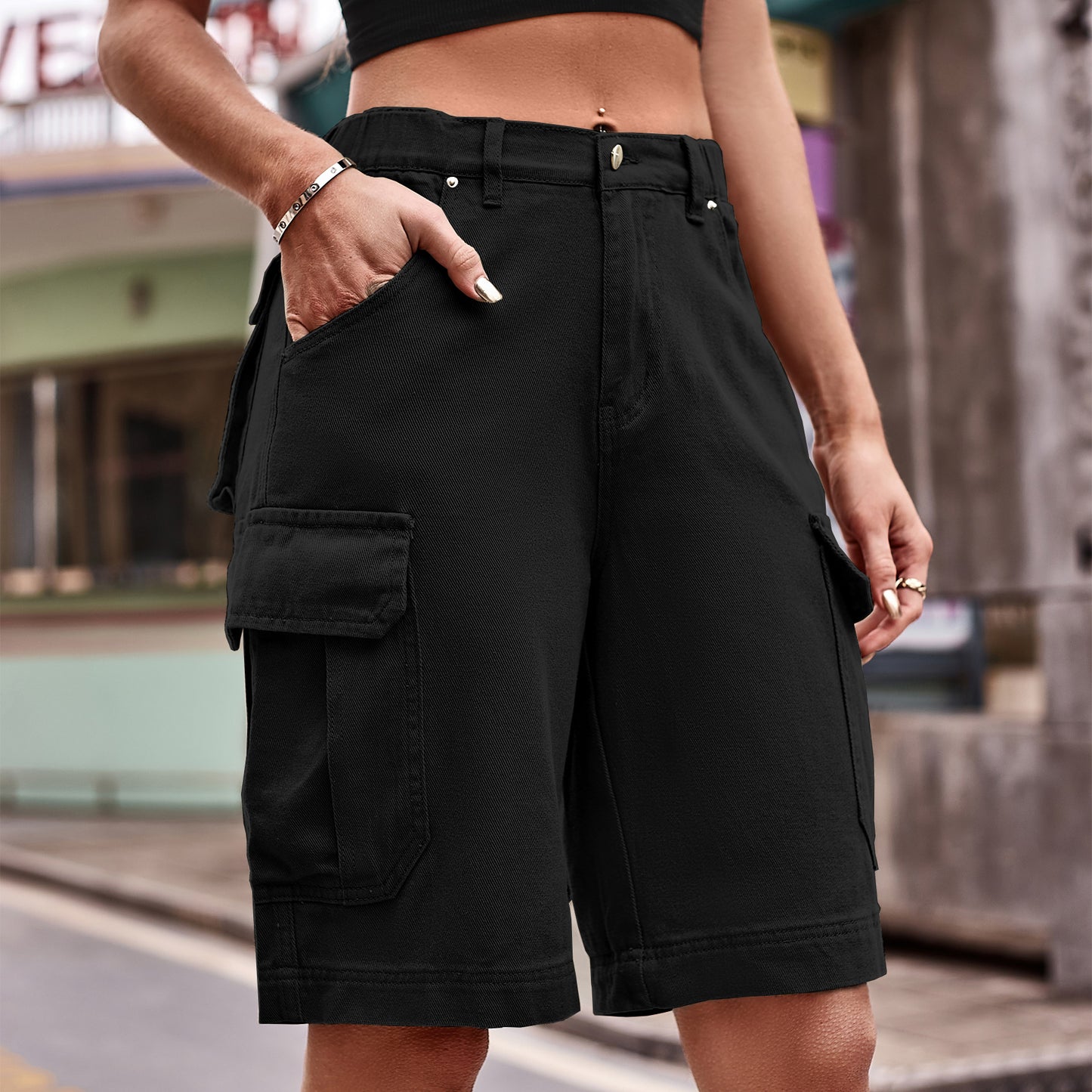 Denim Cargo Shorts with Pockets In Black