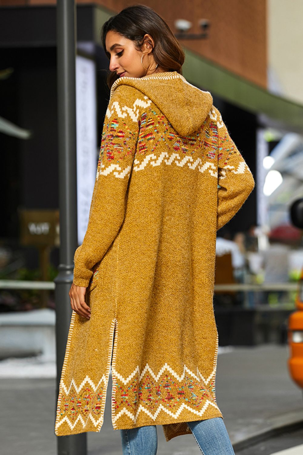 Back View, Bohemian Hooded Duster Cardigan In Mustard