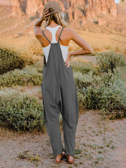 Back View, Double Take, Sleeveless V-Neck Pocketed Jumpsuit In Charcoal