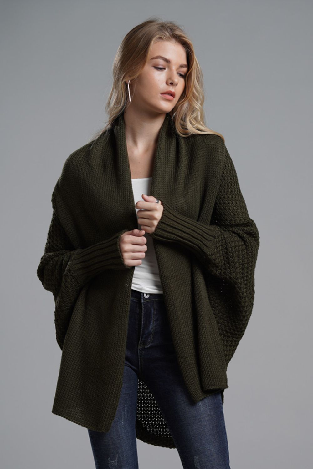 Dolman Sleeve Open Front Ribbed Trim Longline Cardigan In Olive