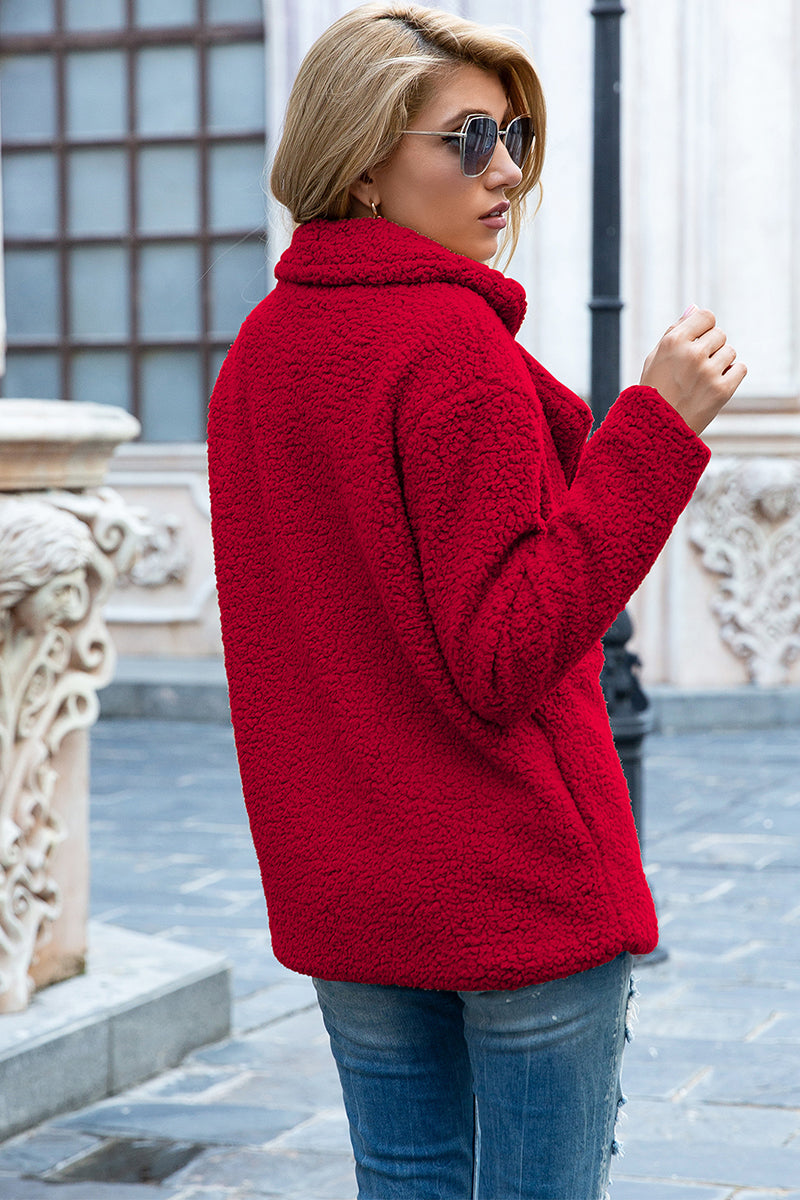 Back View, Lapel Collar Sherpa Coat In Deep Red