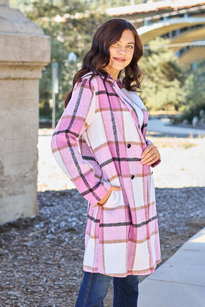 Side VIew, Double Take, Plaid Button Up Lapel Collar Coat In Carnation Pink