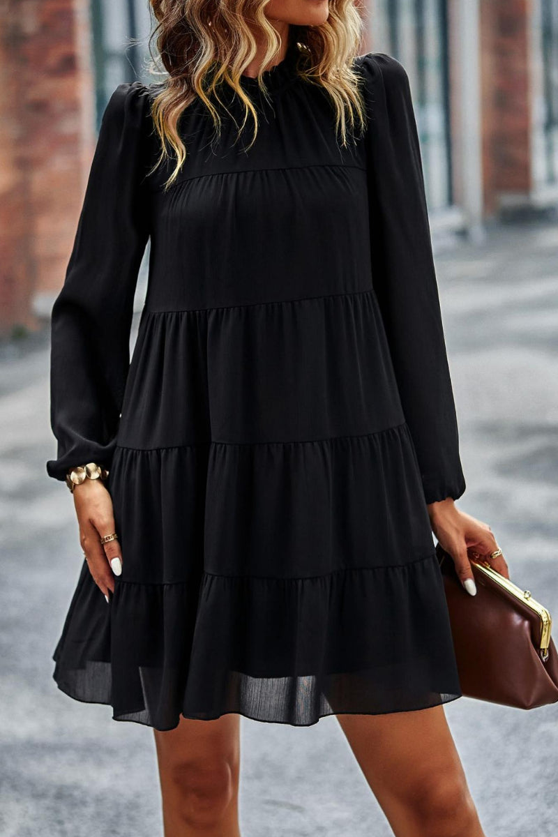 Frill Neck Puff Sleeve Tiered Dress In Black