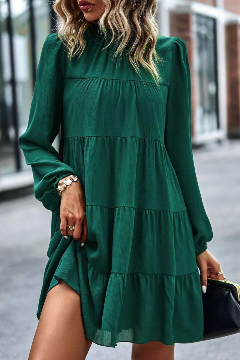 Frill Neck Puff Sleeve Tiered Dress In Green